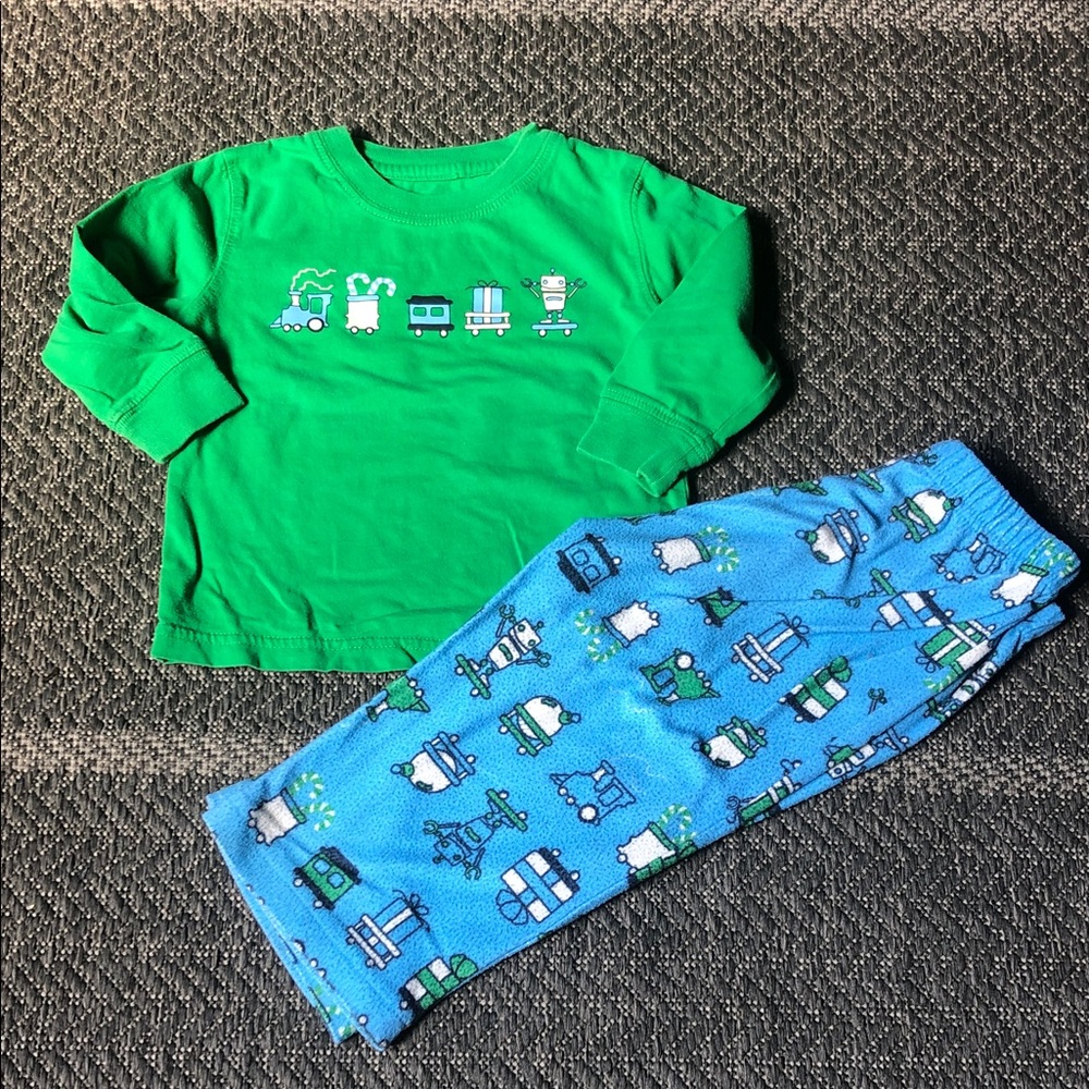 Joe Fresh Green Top with Blue Train Print Pajama Set holidays Christmas